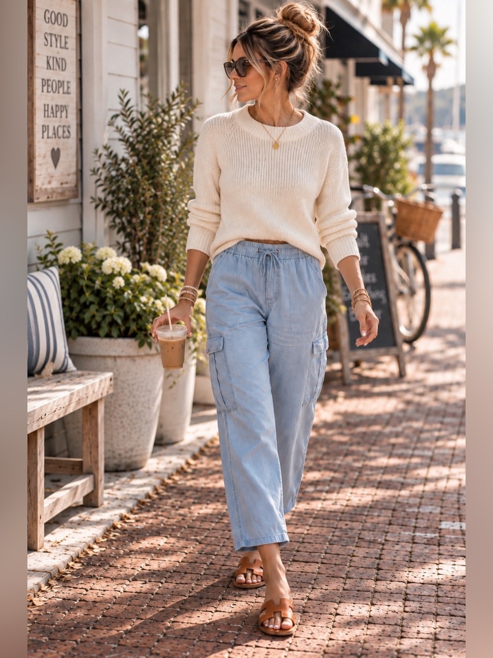 Eileen Fisher Chambray Cargo Pants M Blue Pull On Drawstring Tapered Crop